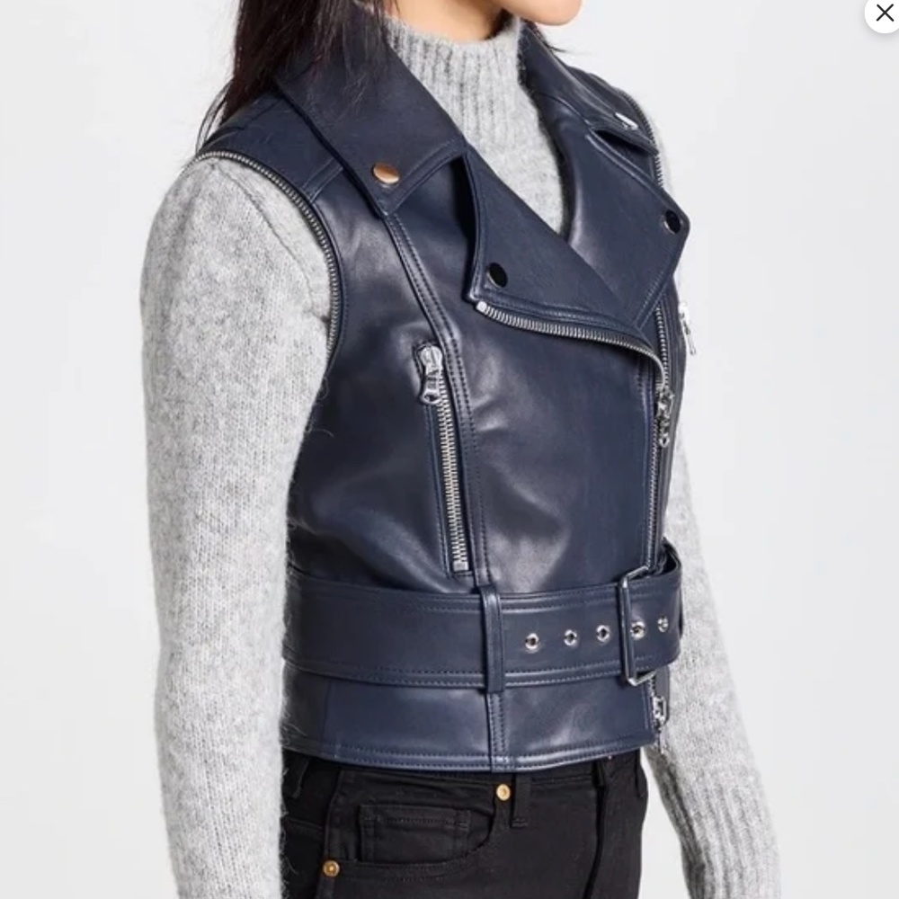 Veronica Beard Jylan Leather Moto Jacket & Vest combo/ Navy w/silver zipp size 4 - Picture 4 of 11